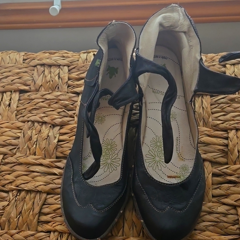 EL NATURALISTA BLACK PUMPS LEATHER MARY JANE SHOE PLATFORM SANDAL WEDGE SPAIN 41